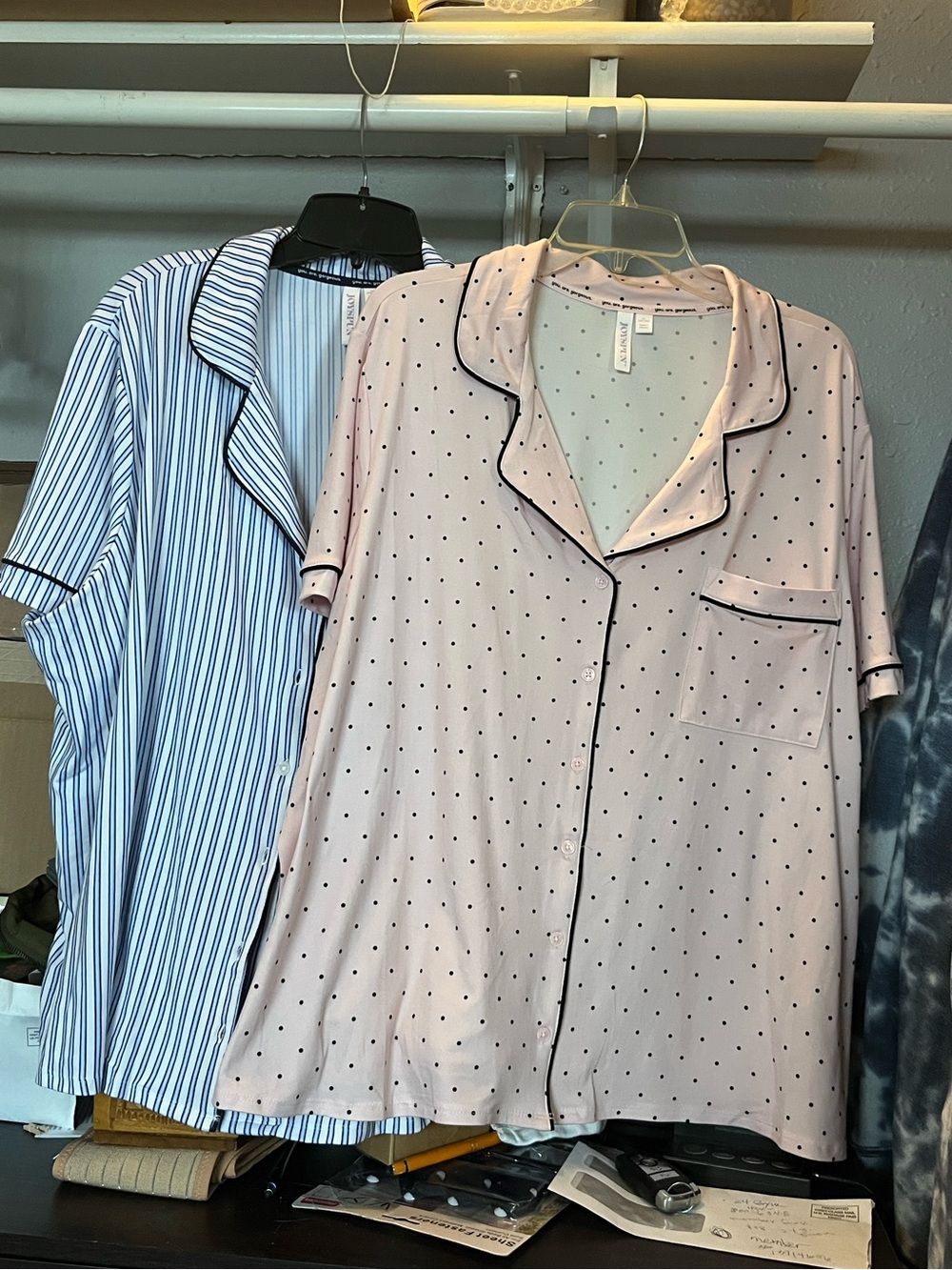 Women's 3X  Pink Polka Dot Short Sleeve Pajama Tops Blue Stripe